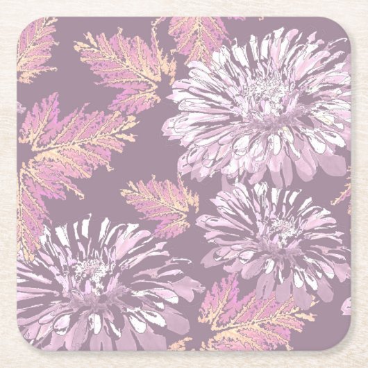ピンクの花、水彩画、レトロ スクエアペーパーコースター (正面)