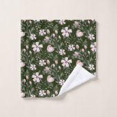 ピンクの花、濃い緑の葉フローラ バスタオルセット (ウォッシュタオル)