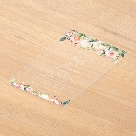 ピンクの花,白い花,ぼほ,赤ちゃんシャワー アクリル招待状 (レイダウン)