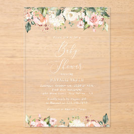 ピンクの花，白い花，ぼほ，赤ちゃんシャワー アクリル招待状