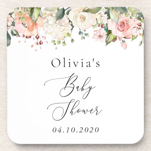 ピンクの花，白い花，ぼほ，赤ちゃんシャワー コースター (正面)