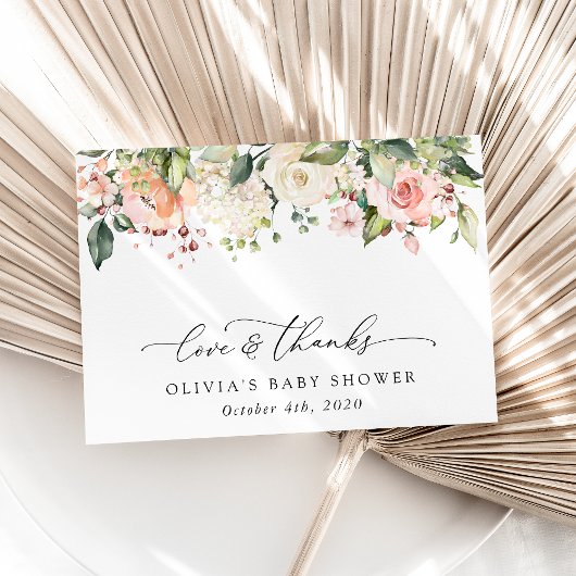 ピンクの花，白い花，ぼほ，赤ちゃんシャワー サンキューカード