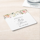 ピンクの花,白い花,ぼほ,赤ちゃんシャワー スクエアペーパーコースター (アングル)