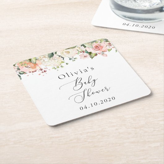 ピンクの花,白い花,ぼほ,赤ちゃんシャワー スクエアペーパーコースター (アングル)