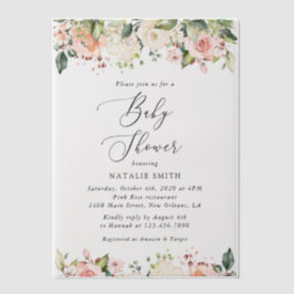 ピンクの花，白い花，ぼほ，赤ちゃんシャワー ベラム紙招待状