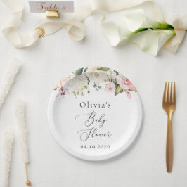 ピンクの花，白い花，ぼほ，赤ちゃんシャワー ペーパープレート