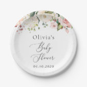 ピンクの花，白い花，ぼほ，赤ちゃんシャワー ペーパープレート (正面)