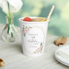ピンクの花、白い花、グリーン、誕生日 紙コップ