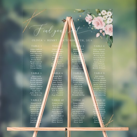 ピンクの花、白い花、ボホ、席次表 アクリルサイン (ニュートラル)