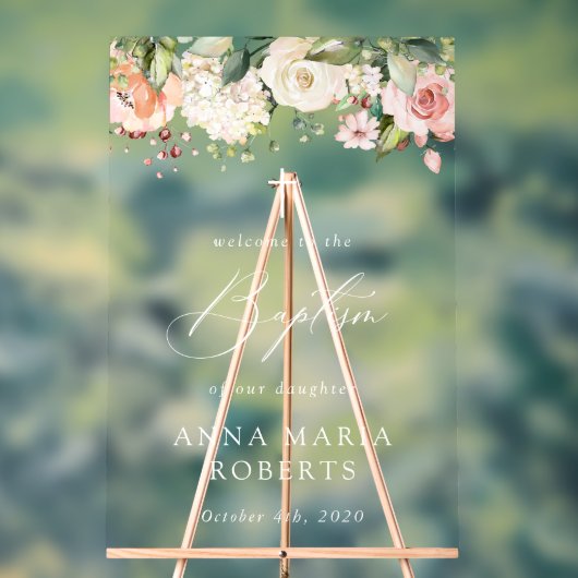 ピンクの花、白い花、ボホ、洗礼ウェルカム アクリルサイン (ニュートラル)