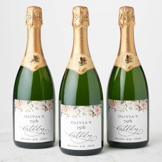 ピンクの花、白い花、ボホ、誕生日 スパークリングワインラベル (ボトル)
