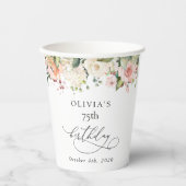 ピンクの花、白い花、ボホ、誕生日 紙コップ (正面)