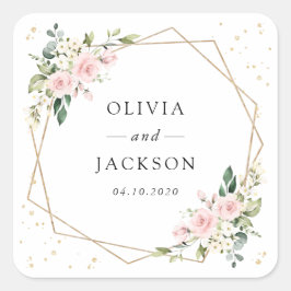ピンクの花, 白い花, 緑の葉, ウェディング スクエアシール
