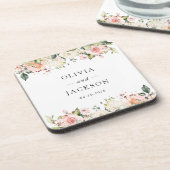 ピンクの花, 白い花, 緑の葉, 結婚式 コースター (左側)
