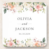 ピンクの花, 白い花, 緑の葉, 結婚式 コースター (正面)