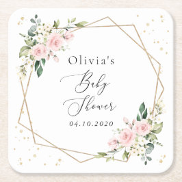 ピンクの花，白い花，緑，赤ちゃんシャワー スクエアペーパーコースター