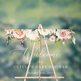 ピンクの花、白い花、赤ちゃんシャワーへようこそ アクリルサイン