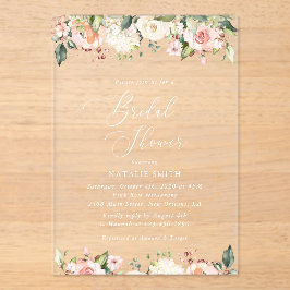 ピンクの花，白の花，ボホ，ブライダルシャワー アクリル招待状