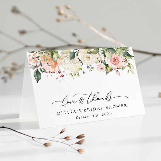 ピンクの花,白の花,ボホ,ブライダルシャワー サンキューカード