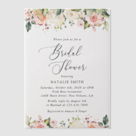 ピンクの花，白の花，ボホ，ブライダルシャワー ベラム紙招待状