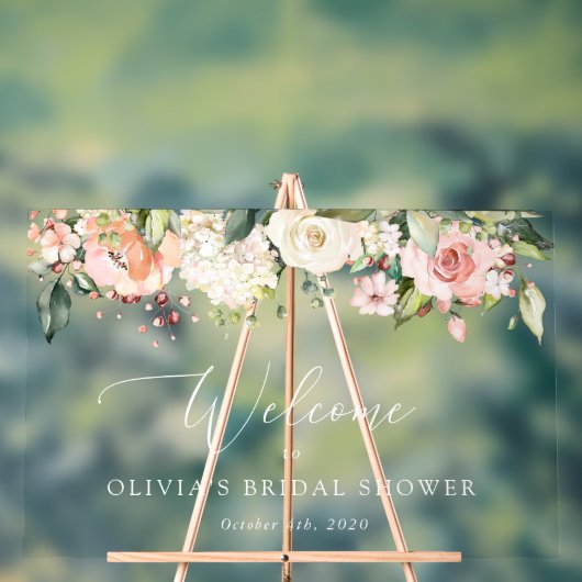 ピンクの花,白の花,ボホ,ブライダル歓迎 アクリルサイン (ニュートラル)