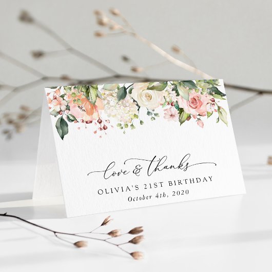 ピンクの花，白の花，ボホ，誕生日 サンキューカード