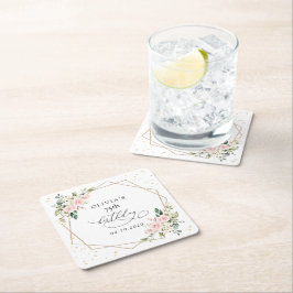 ピンクの花,白の花,緑,誕生日 スクエアペーパーコースター