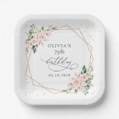 ピンクの花,白の花,緑,誕生日 ペーパープレート (正面)