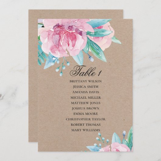 ピンクの花。素朴フローラ結婚の座席表 招待状 (正面/裏面)