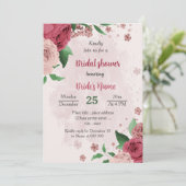 ピンクの花 緑の葉 植物学的な ブライダルシャワー 招待状 (スタンド正面)