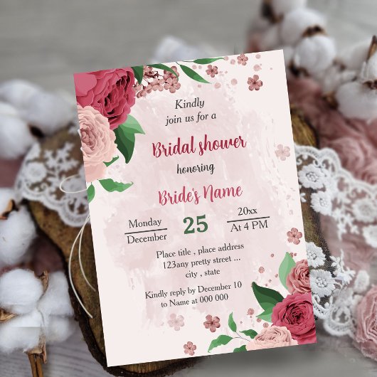 ピンクの花 緑の葉 植物学的な ブライダルシャワー 招待状