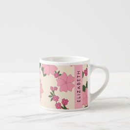ピンクの花、花のパターン、あなたの名前 エスプレッソカップ