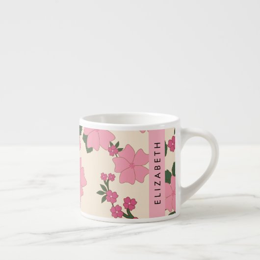 ピンクの花、花のパターン、あなたの名前 エスプレッソカップ (右)