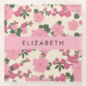 ピンクの花、花のパターン、あなたの名前 ガラスコースター (正面)