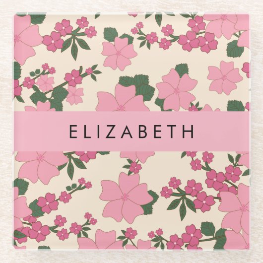 ピンクの花、花のパターン、あなたの名前 ガラスコースター (正面)