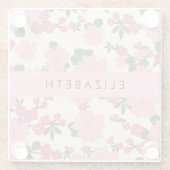 ピンクの花、花のパターン、あなたの名前 ガラスコースター (裏面)