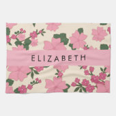 ピンクの花、花のパターン、あなたの名前 キッチンタオル (横)
