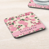 ピンクの花、花のパターン、あなたの名前 コースター (左側)
