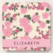 ピンクの花、花のパターン、あなたの名前 コースター (正面)