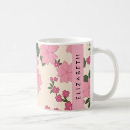 ピンクの花、花のパターン、あなたの名前 コーヒーマグカップ