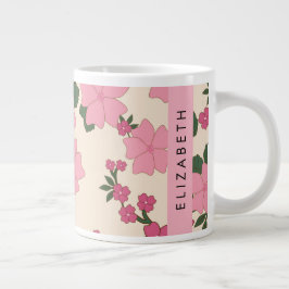 ピンクの花、花のパターン、あなたの名前 ジャンボコーヒーマグカップ