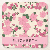 ピンクの花、花のパターン、あなたの名前 スクエアペーパーコースター (正面)