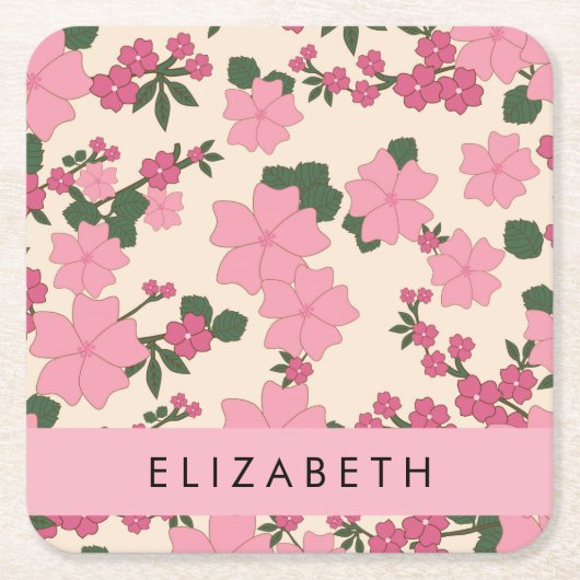 ピンクの花、花のパターン、あなたの名前 スクエアペーパーコースター (正面)