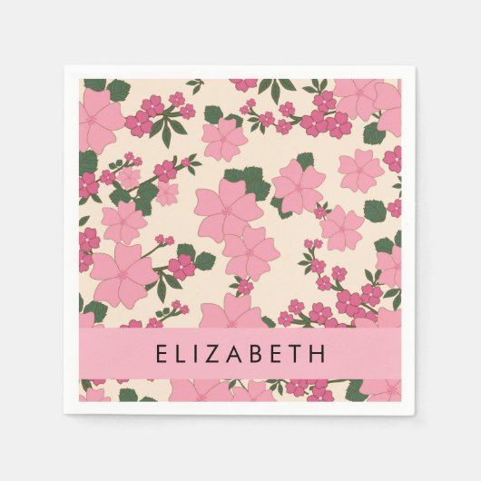 ピンクの花、花のパターン、あなたの名前 スタンダードカクテルナプキン (正面)