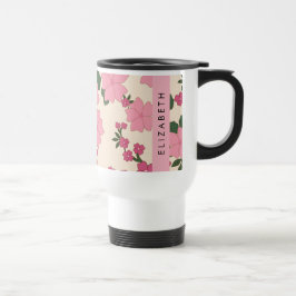 ピンクの花、花のパターン、あなたの名前 トラベルマグ