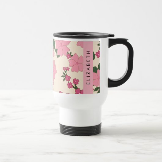 ピンクの花、花のパターン、あなたの名前 トラベルマグ (右)