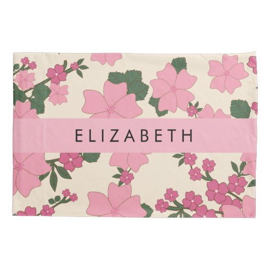 ピンクの花、花のパターン、あなたの名前 枕カバー (裏面)