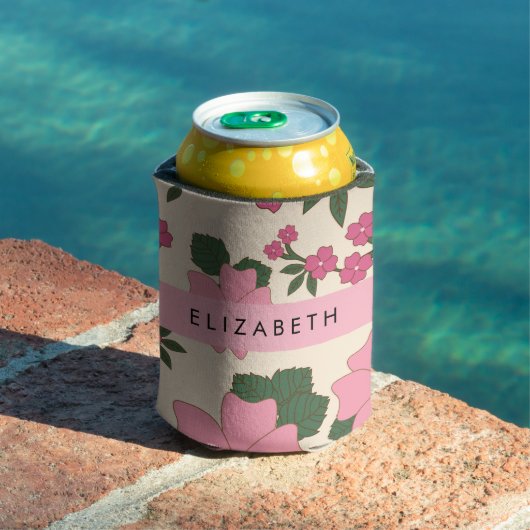 ピンクの花、花のパターン、あなたの名前 缶クーラー (インサイチュ プール)