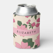 ピンクの花、花のパターン、あなたの名前 缶クーラー (缶正面)
