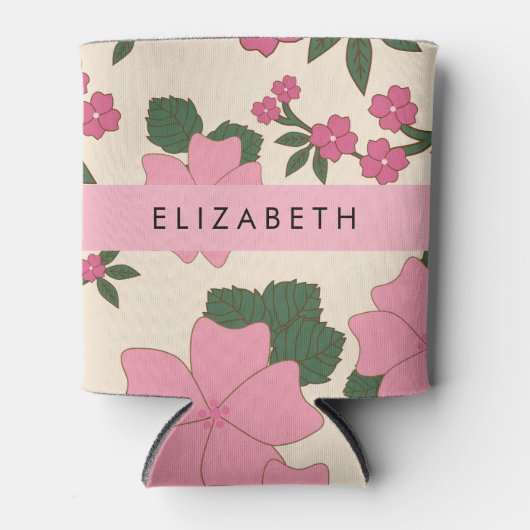 ピンクの花、花のパターン、あなたの名前 缶クーラー (正面)